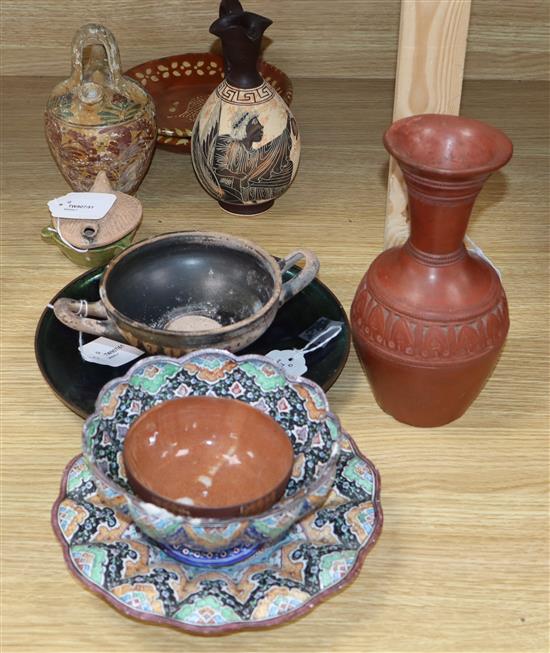 Bjorn Engo, Norway, an enamel copper dish and a collection of miscellaneous pottery and other items,